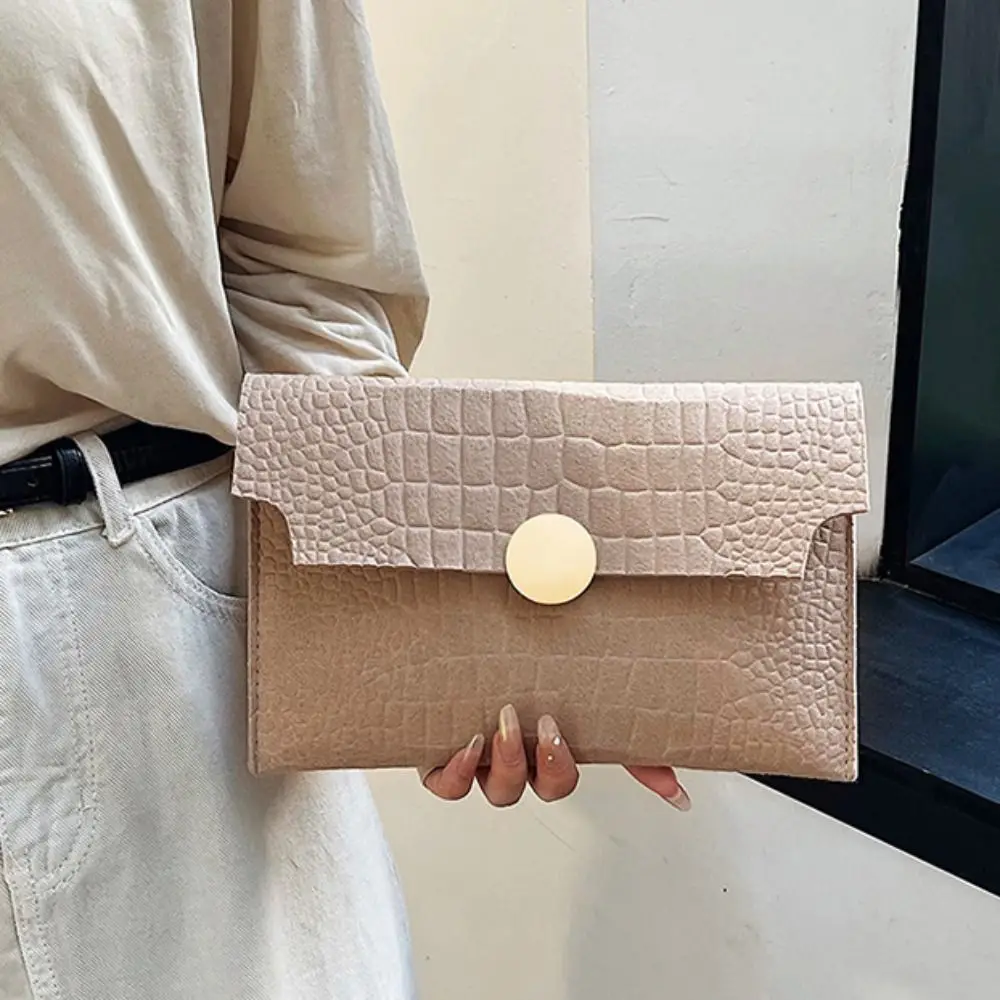 Pu Leather Envelope Evening Bag Korean Style Solid Color Ladies Clutch Bag Buckle Felt Crocodile Pattern Handheld Bag Women