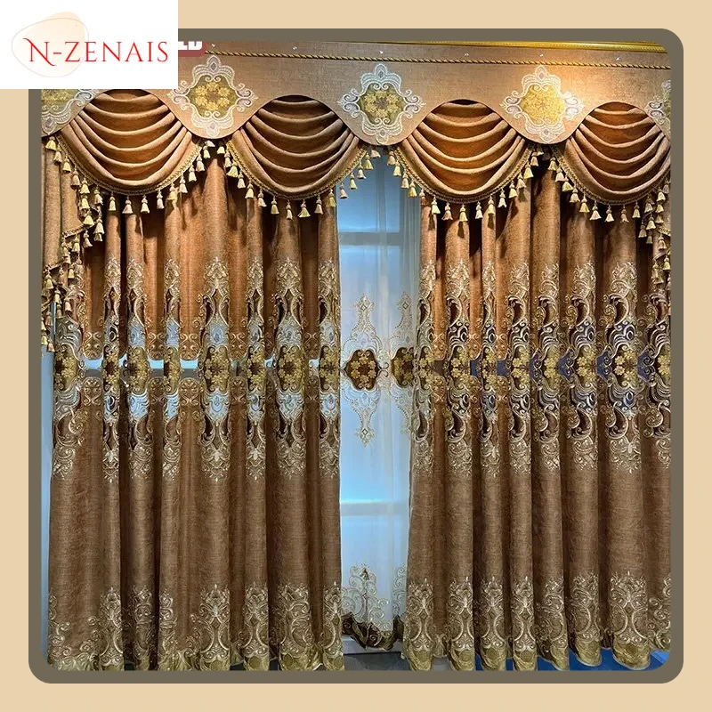 

Fashion Embroidered Luxury Chenille Curtains for Living Room Bedroom Villa Noble Coffee Valance Tulle Shading Customization