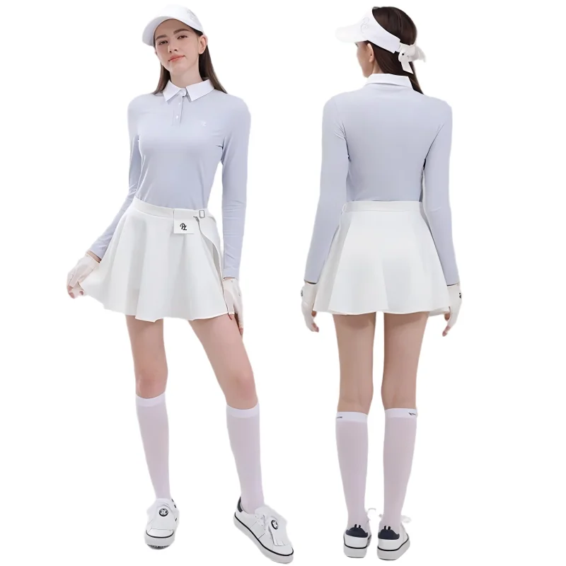 PL New Golf Wear Ladies Polo Shirt Button Long Sleeve T-shirt Autumn Outdoor Athletic Tops Women Ruffle Golf Skirts Slim Skorts