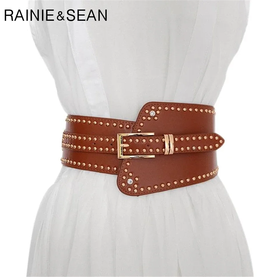 RAINIE SEAN Lederen Riemen voor Dames Rode Brede Riemen voor Jurken Vrouwen Cumberbanden Klinknagel Rode Punk Rock Mode Pin Gesp Corset