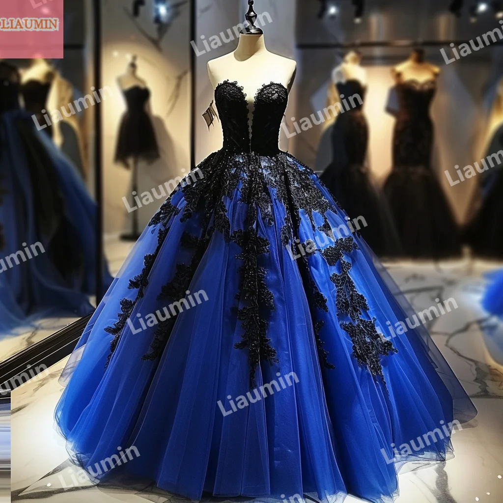 Classic Custom Hand Made Blue Tulle Black Lace Applique Ball Gown Strapless Evening Prom Dresses Formal Clothing New W15-45.3