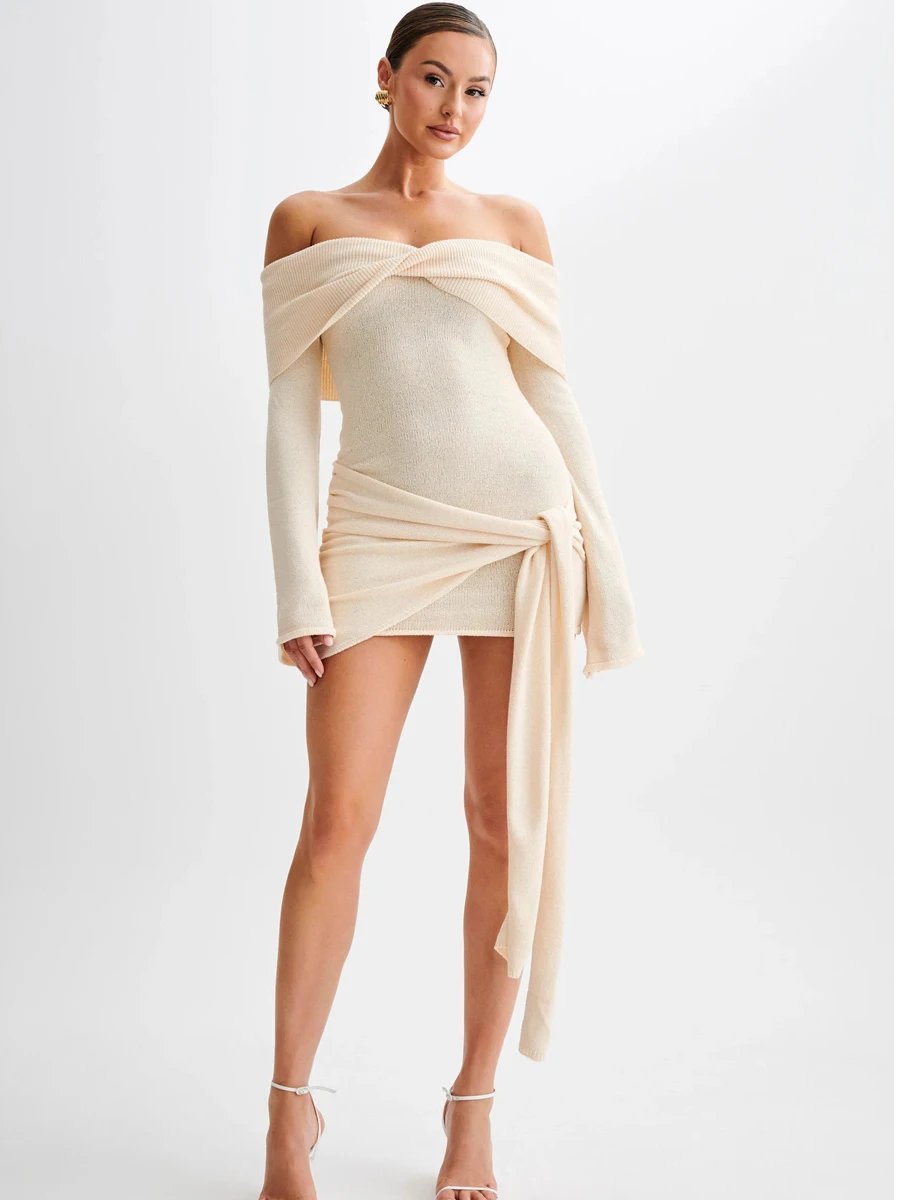 فستان نسائي محبوك مثير بدون أكتاف موضة خريف 2025 فساتين قصيرة بأكمام طويلة أنيقة للحفلات المسائية سيدة Verstido