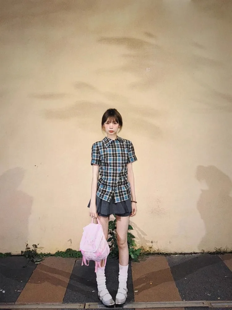 여름 패션 여성 체크무늬 셔츠와 스커트 투피스 세트 버튼업 디자인 한국 스타일 달콤하고 매운