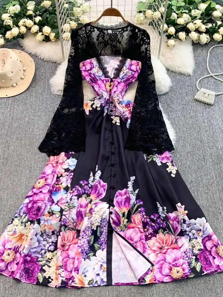 Elegante Formale Stickerei Abendkleid Frauen Sommer Herbst Aushöhlen Langarm Spitze Floral Maxi Kleider Prom Party Vestidos