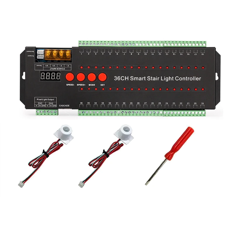 DC5-24V LED Stair Controller 36 Channels 2A/CH for 1-36 Step Lamp+2 Bar Pixel Handrail Light Strip With 2 PIR Body Sensor Switch