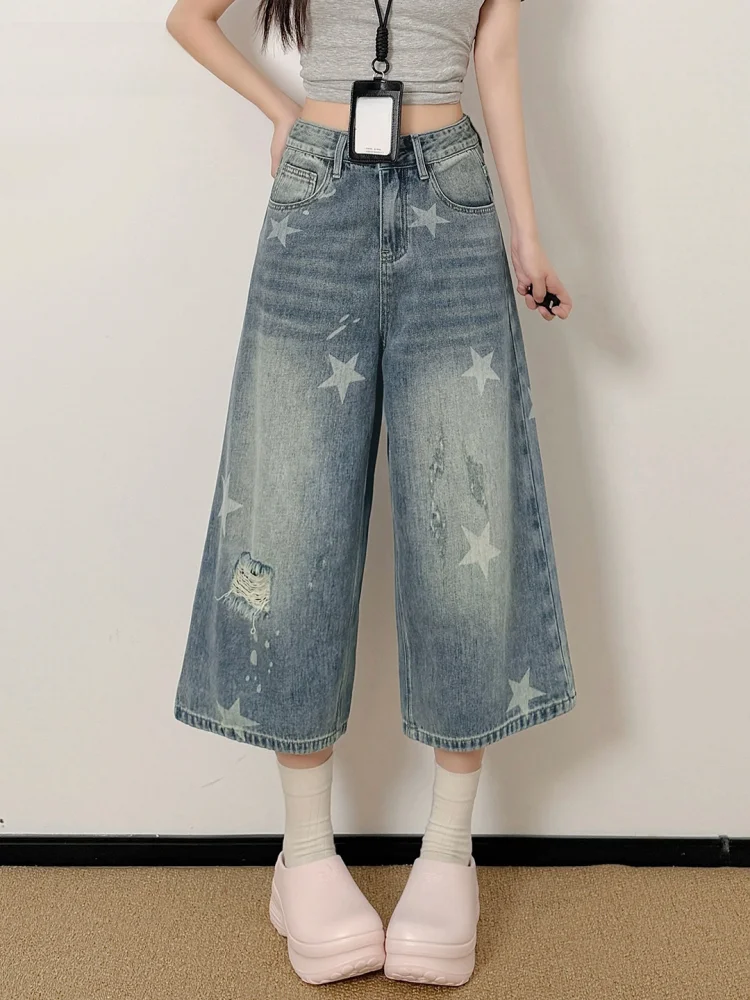 

Retro American Star Print High Waist Wide Leg Jeans Women's Summer Loose Fit Slimming Versatile Mid-Length Casual Pants