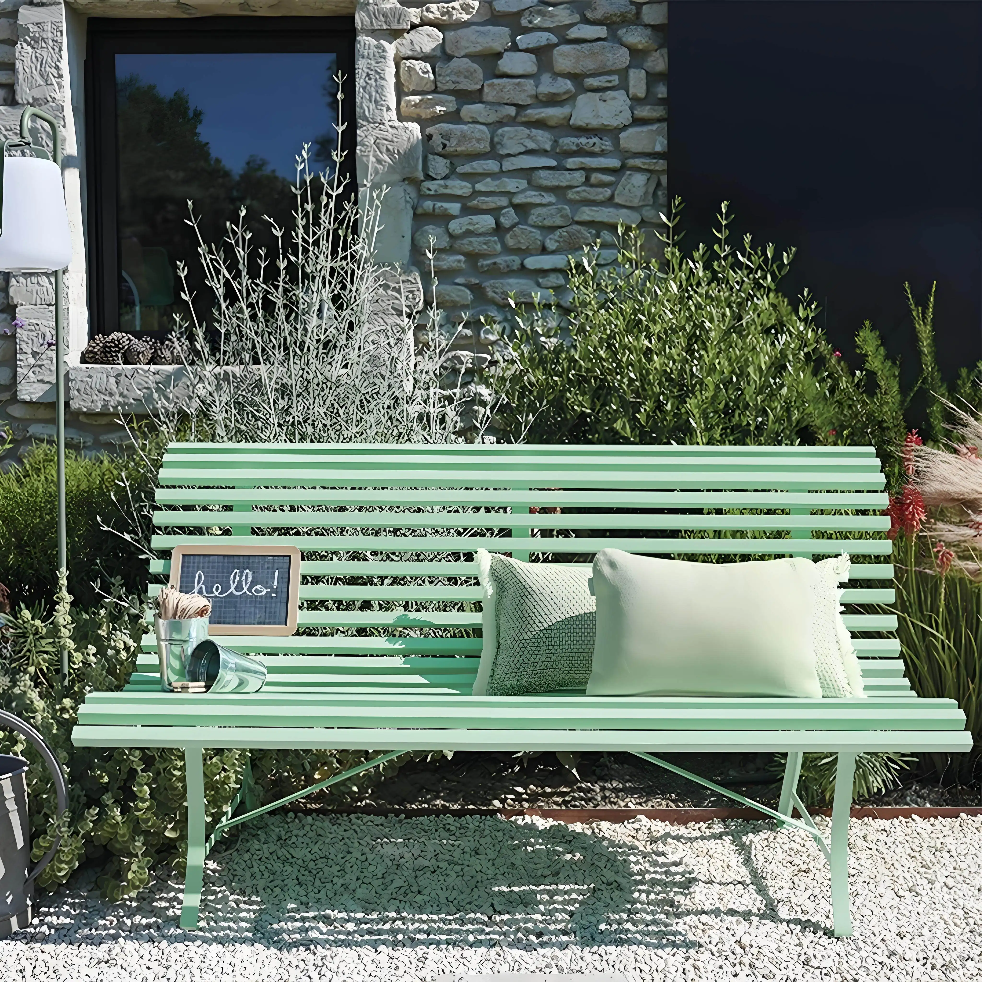 V*-Modern Style Wrought Iron Outdoor Dining Chair Eco-Friendly Long Seat for Garden