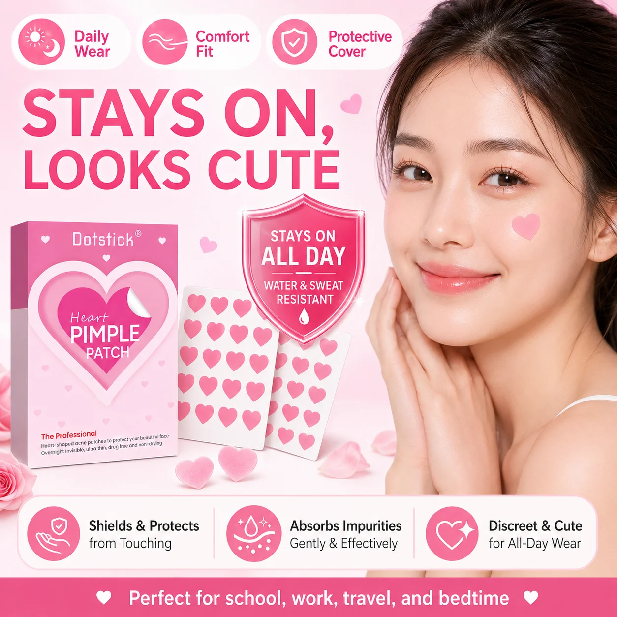 120PCS Pink Heart Pimple Patches Hydrocolloid Acne Spot Stickers Cute Face Blemish Cover Day Night Care view 6