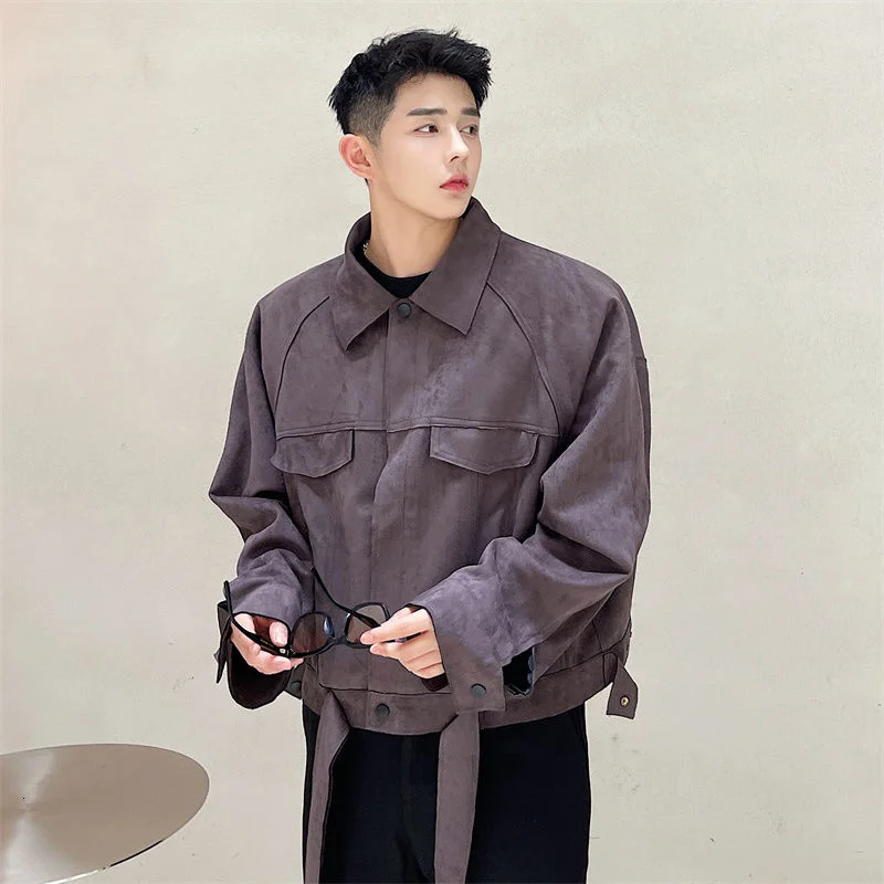 Design Korean Short Style Coat For Men Hem Ribbon Design Suede Black Grey Oversized Jjacket 2022 New Spring Winter 2Y2721