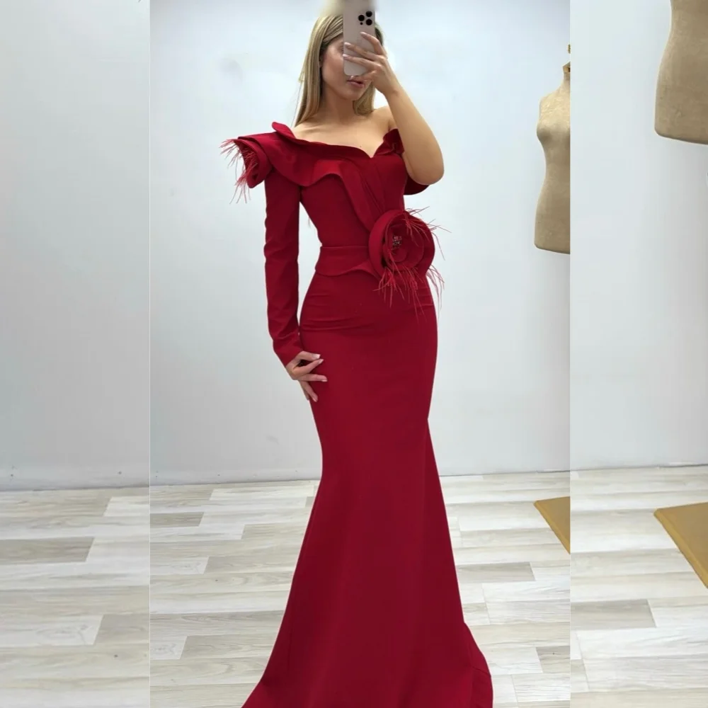 

Customized Exquisite Jersey Sequined Flower Trumpet Off-the-shoulder Long Dresses Bespoke OccasionSimple