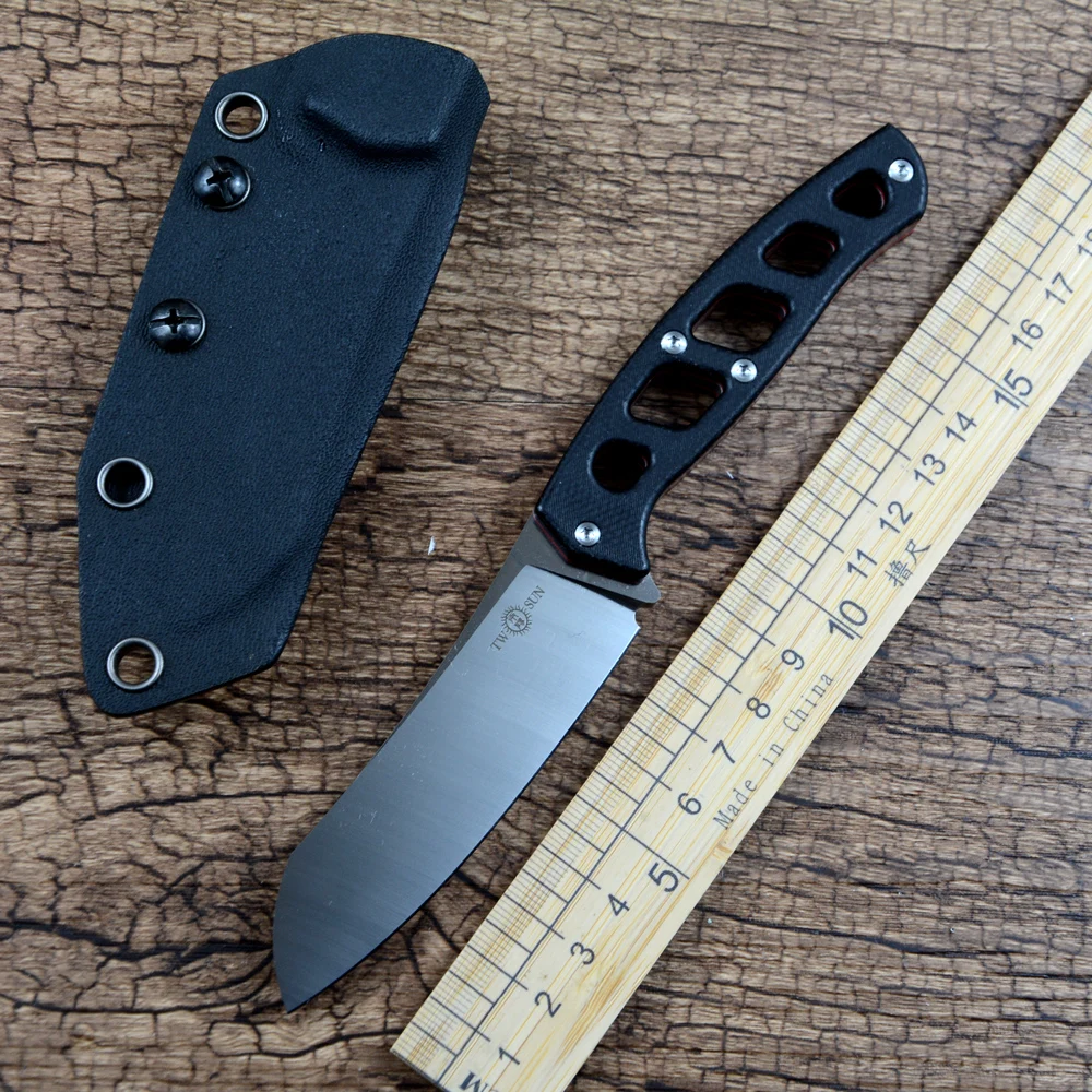 

TWO SUN Outdoor Tool Fixed Hunting Knife D2 Satin Blade Hollowed Black Micarta Handle with Kydex Case TS466