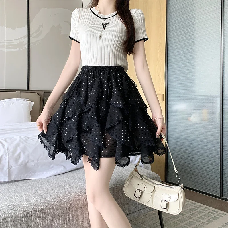 New French Style High Waist A-Line Chiffon Mani Skirts for Women, Girl Lace Panel Irregular Ruffle Hem Short Skirt