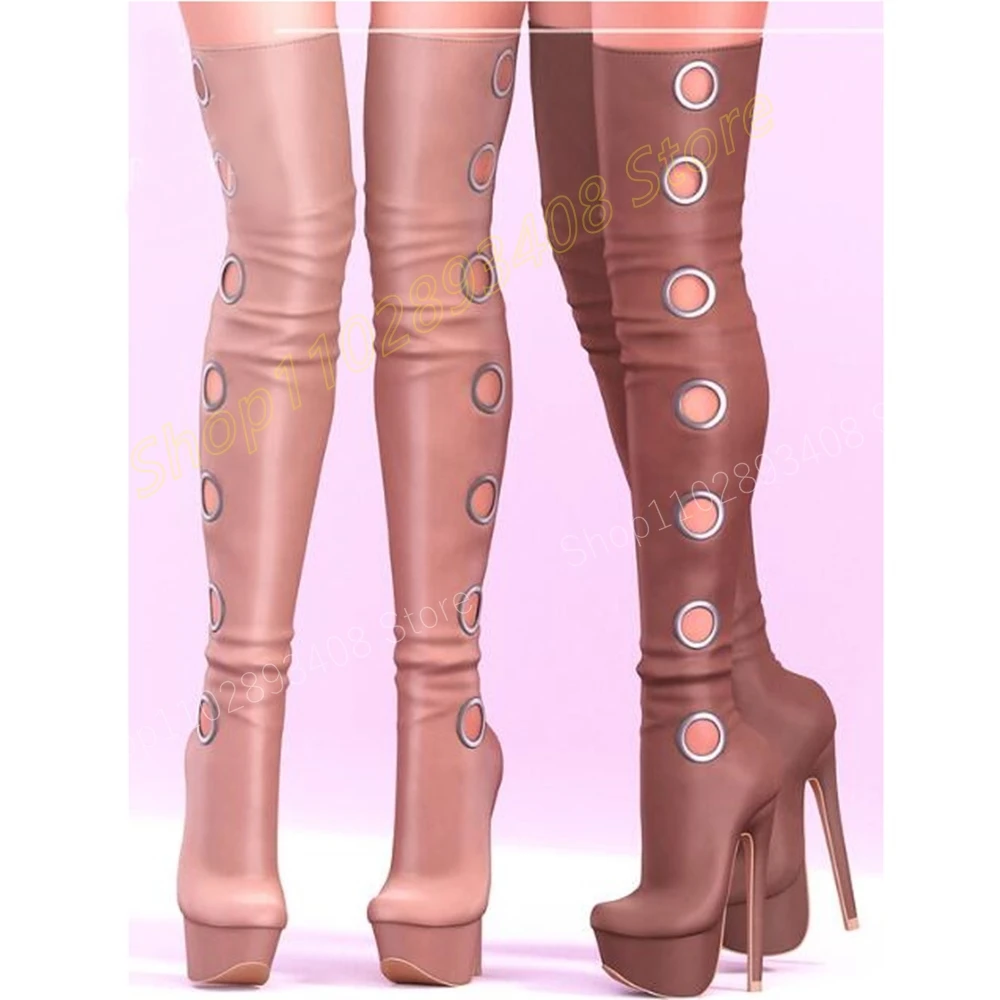 Solid Metal Round Rings Hollow Over the Knee Boots Platform Stiletto High Heel Fashion Sexy Women Shoes 2024 Zapatos Para Mujere