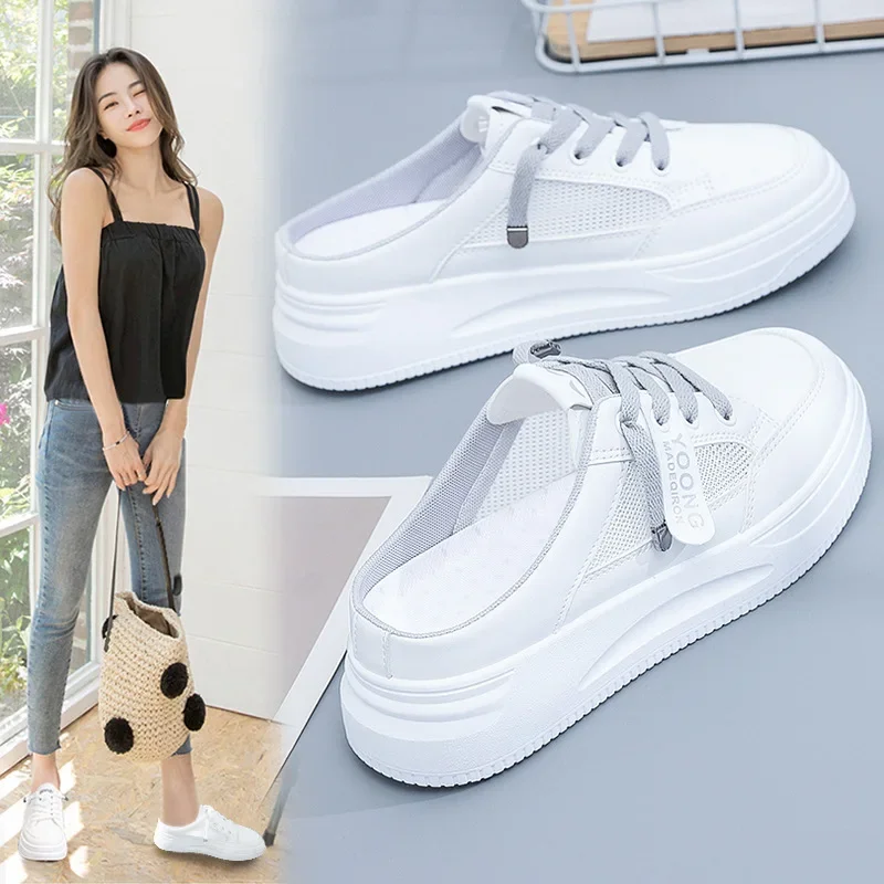 Chaussures d'été semi-couques blanches pour femmes, pantoufles à la mode, nouvelle collection