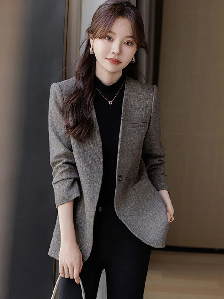 High Quality Wool Suit Jacket Women's Woolen Blazers V-neck Casual Tops Office Coats Spring Autumn Occupation Small Blazers Lady