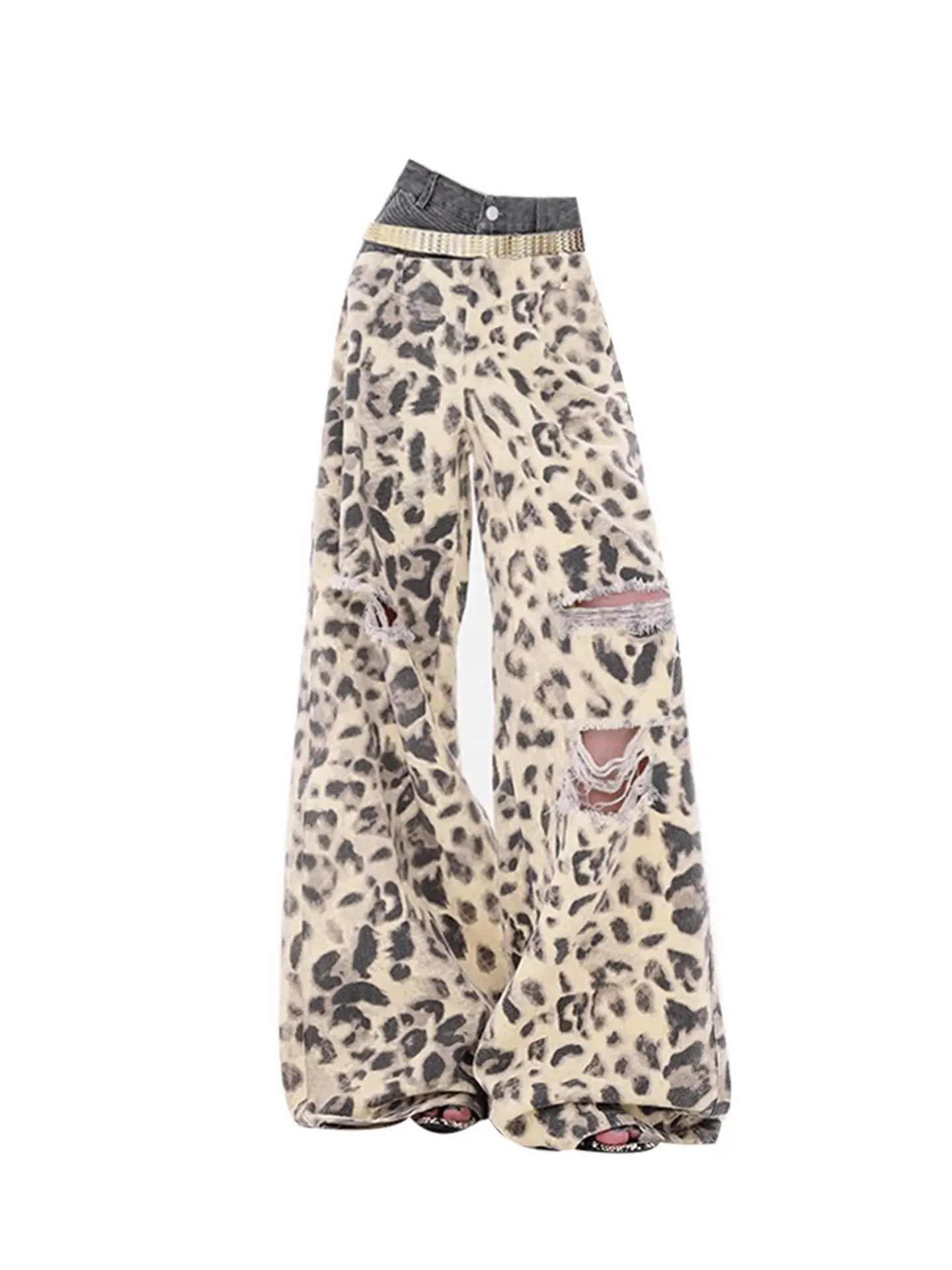 

American Vintage Leopard Print Women Autumn New Retro Jeans 2025 Loose Waisted Pants Streetwear Distressed Button Fashion New
