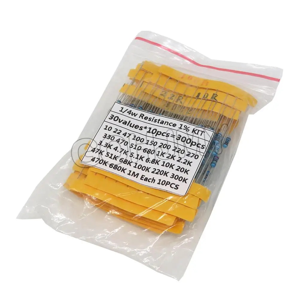 600 pz/set 30 tipi 1/4W resistenza 1% resistore a Film metallico Kit assortito 220ohm 470R 1K 10K 20K 100K 1M resistori 300 pz/set