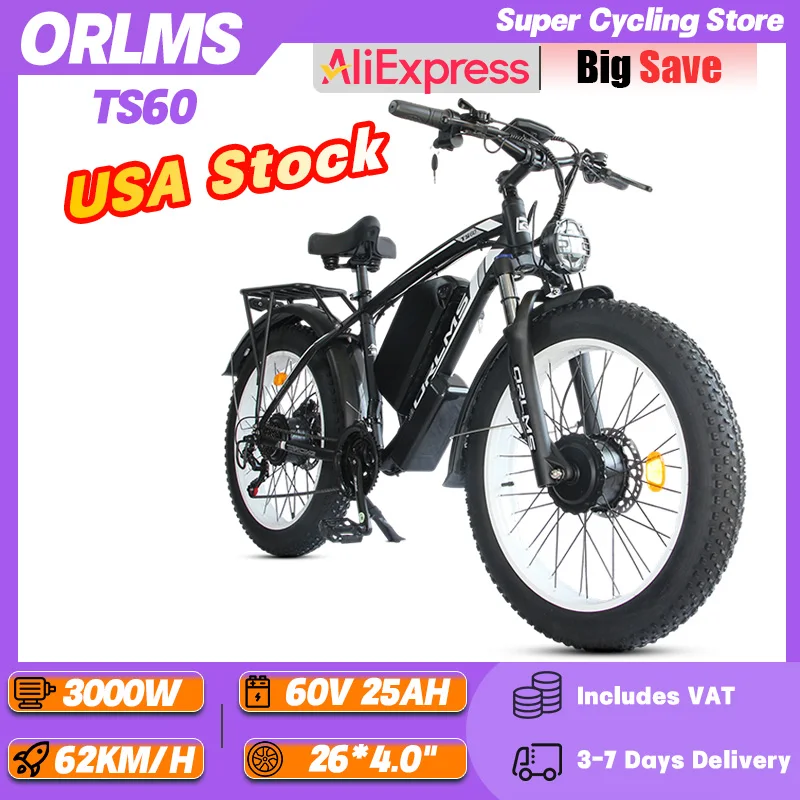 

ORLMS TS60 горный электровелосипед 3000 Вт с двойным двигателем, 60 В, 25 Ач, аккумулятор, электрический велосипед 26*4,0 дюйма, гидравлический дисковый тормоз с толстыми шинами, электрический велосипед