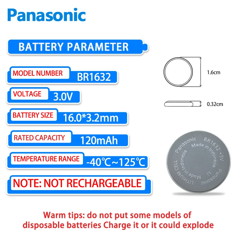 Panasonic BR1632 Battery BR1632A Wide Temperature Automotive External Tire Pressure Monitoring Electronics Replace CR1632