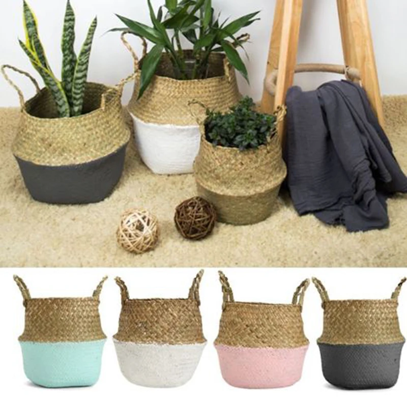 New Foldable Bamboo Storage Baskets Wicker Rattan Laundry Straw Patchwork Flower Pot Seagrass Belly Garden Planter Basket