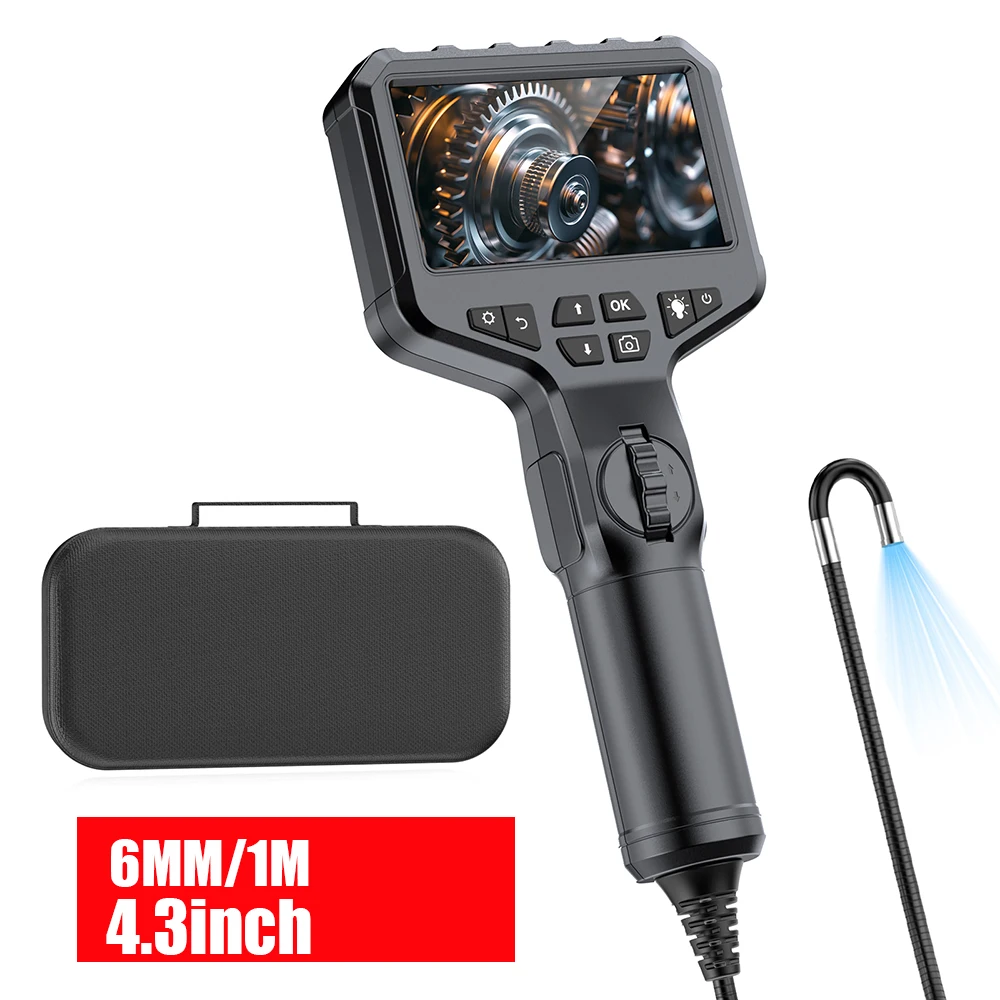 Two-Way Articulating 4.3inch Borescope Camera with Light, 6MM 1M SlimProbe, industrial Endoscope Inspection Camera with Light