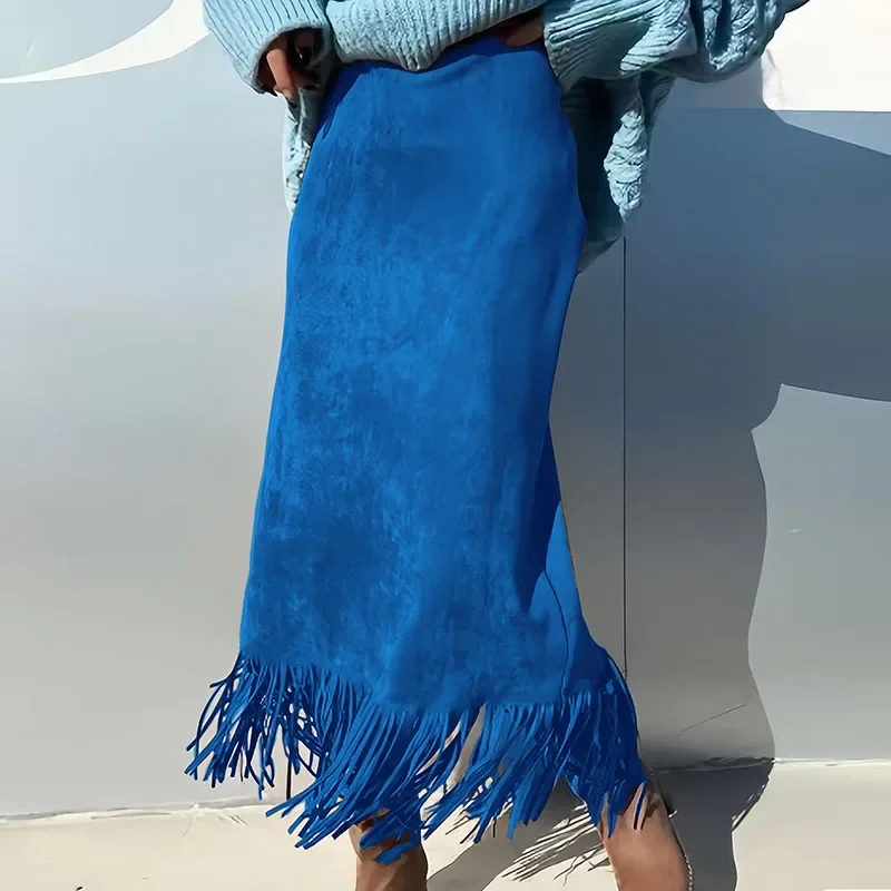 Greenora Vintage Clothes Solid Suede Tassel Skirt Woman Spring Fashion High Waist Slim Hips Skirt Autumn Fashion Sexy H-shaped L