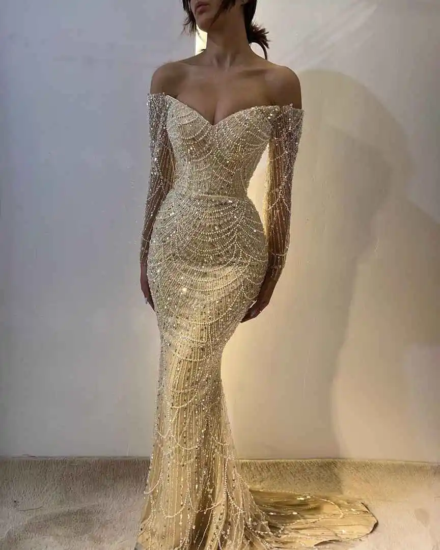 Abiti da sera illusione Sirena senza spalline Perline Paillettes Sweep Train Abiti da ballo Abiti da festa Robe De Soirée personalizzato