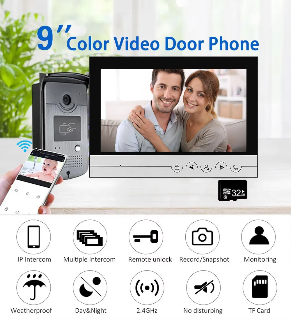9 Inch Tuya Monitor Smart WiFi Video Doorbell Doorphone with RFID Access Camera Video Door Phone Intercom System Support TF Card