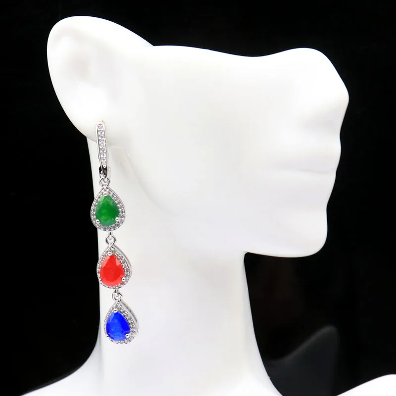 Buy 3 Get 1 Free 57x9mm Multi Color real Red Ruby Green Emerald Blue Sapphire White CZ Silver Earrings