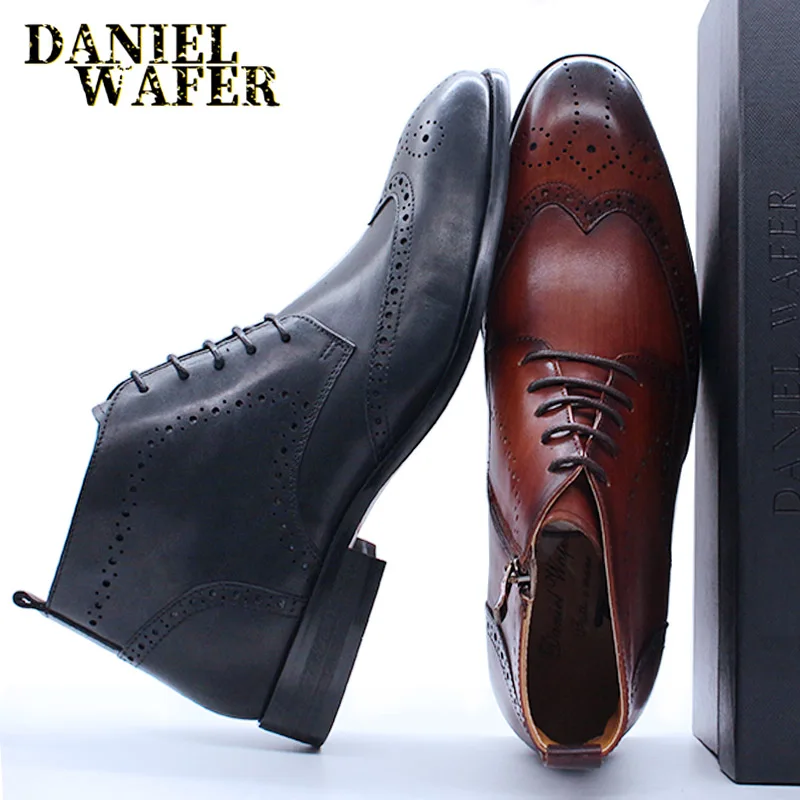 Handmade Men Ankle Boots Casual Leather Shoes Western Cowboy Boots Black Brown Wingtip Lace Up Wedding Office Dress Boots Men