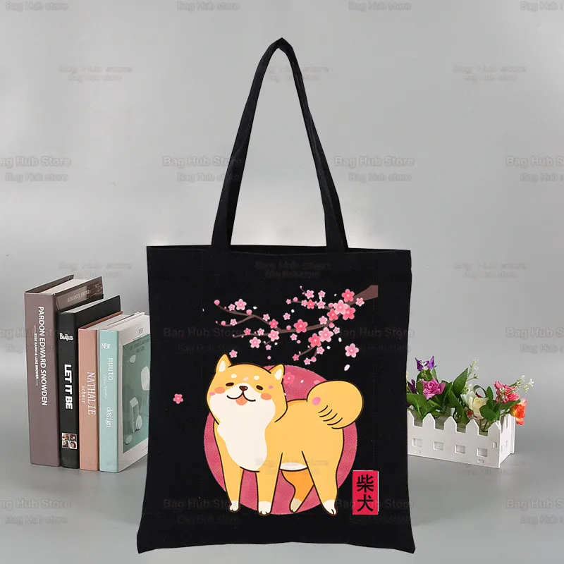 Shiba Inu Black Canvas Bag Casual Large Hand Bags For Women Ladies Japanese Cute Kawaii Dog Shopping Handbag Large Capacity Bag