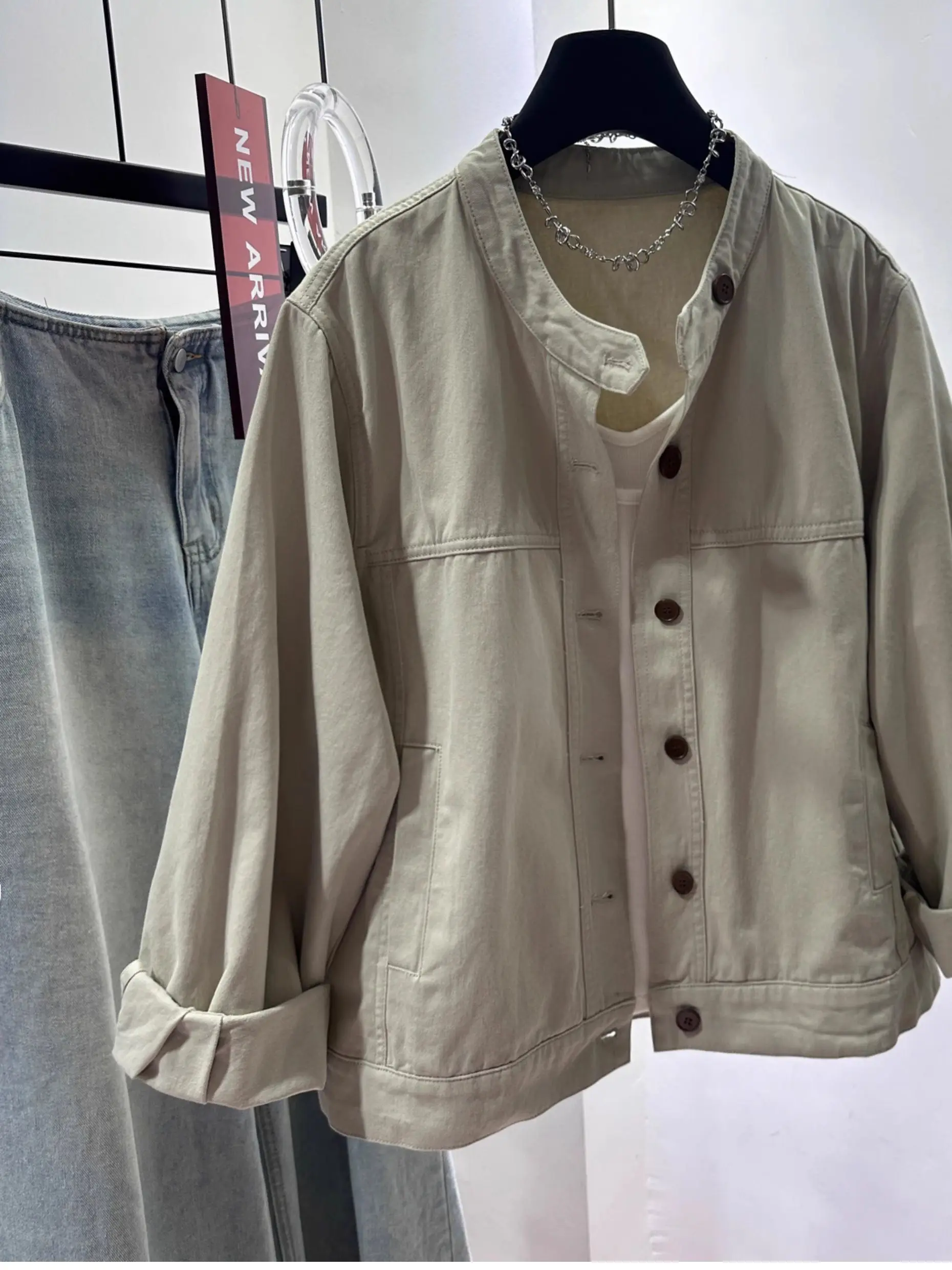 Women Vintage Stand Collar Cargo Jacket Spring Autumn New Plus Size Korean Solid Color Loose Casual Outerwear