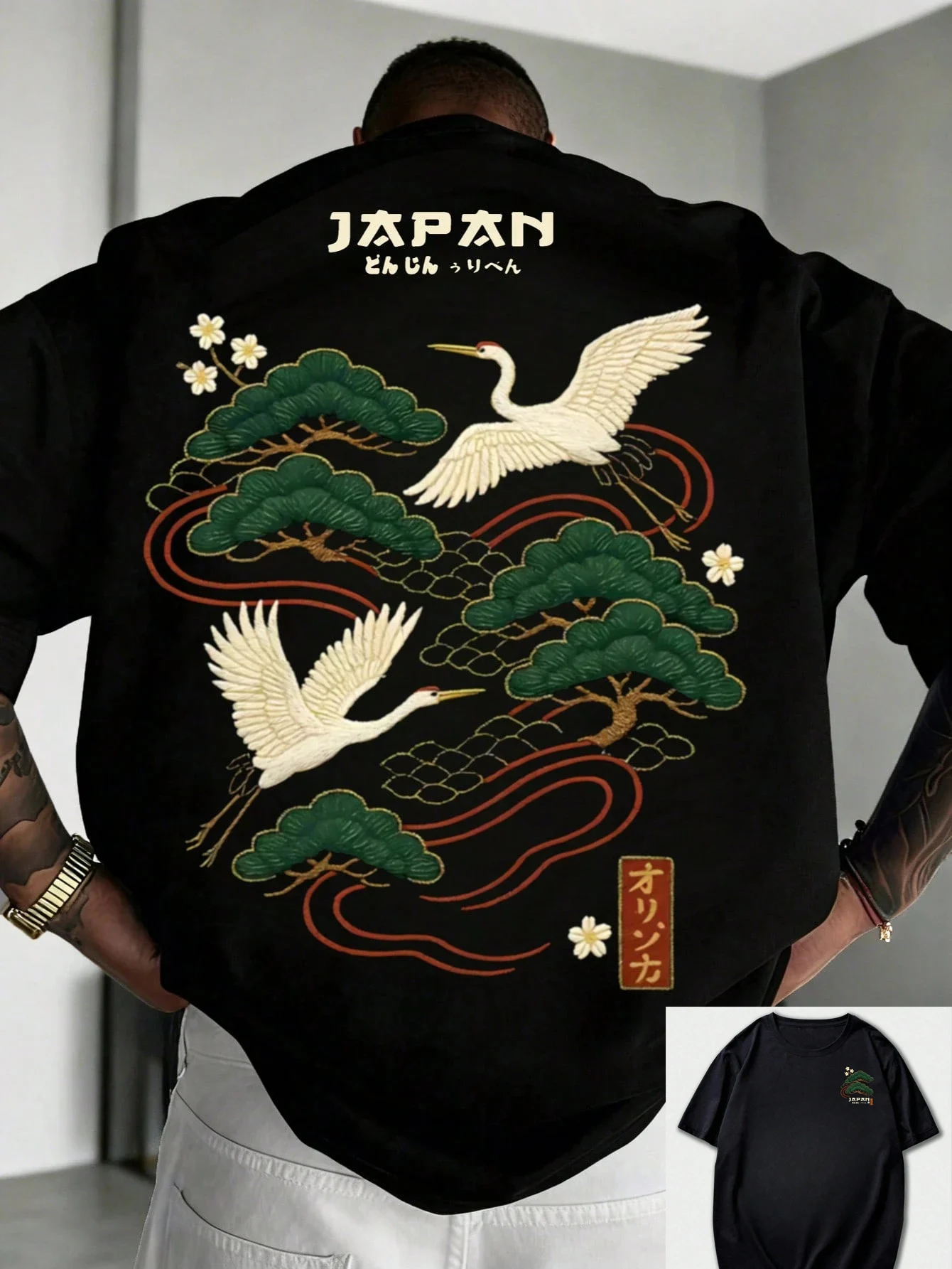 Summer 100% Pure Cotton Men's Casual Loose Minimalist Japanese Crane Print Round Neck Short Sleeved T-shirt Versatile Top