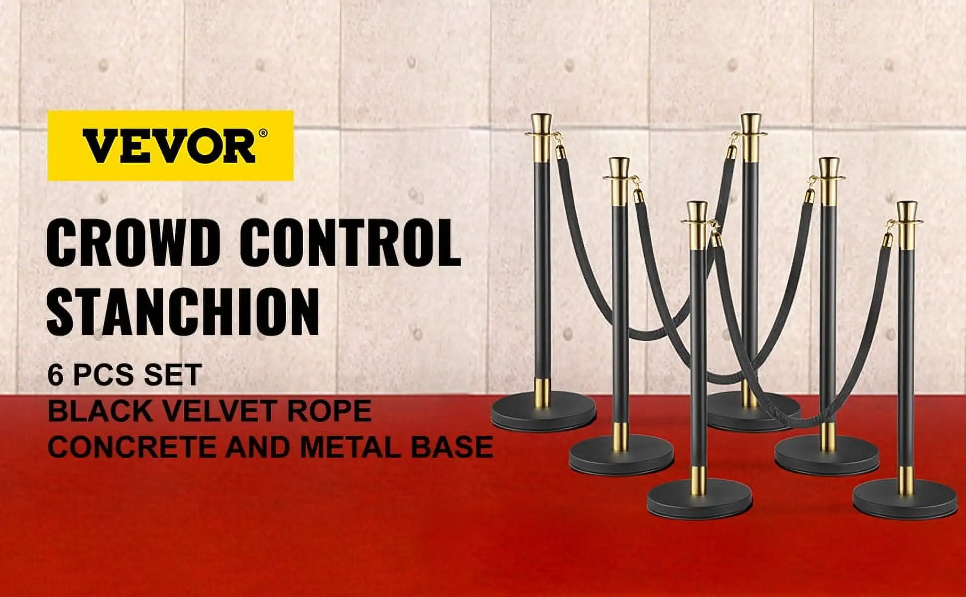 Crowd Control Stanchion, Set of 6 Pieces Stanchion Set, Stanchion Set with 5 ft/1.5 m Black Velvet Rope, Crowd Control Barrier