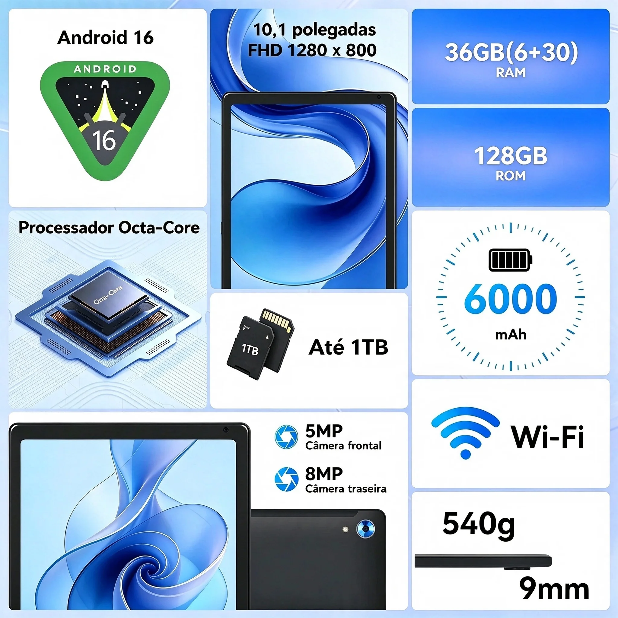 10.1 Inch Android 16 AI Tablet 8 Core 36(6+30)GB+128GB 1TB Expansion WiFi6 5MP+8MP Stylus Keyboard Mouse Headphone PC PAD Set