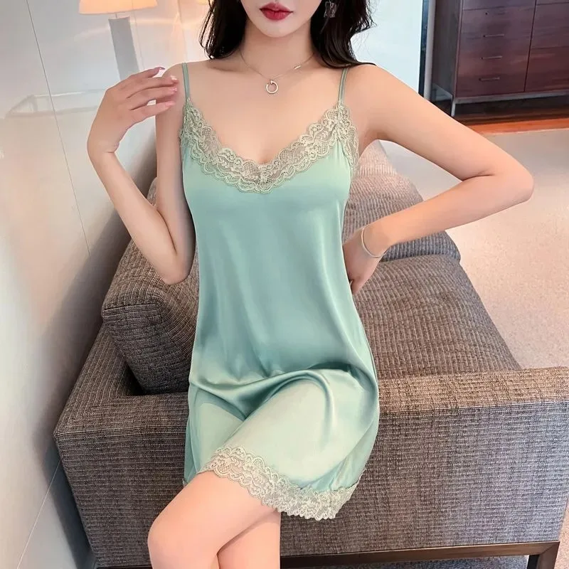 

Women's Satin Lace Trim Slip Nightgown V-Neck Sleepwear with Chest Pad