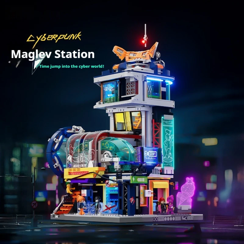 

Building block model lamp ride Cyberpunk series suspended train station street view building block puzzle assembling toy model