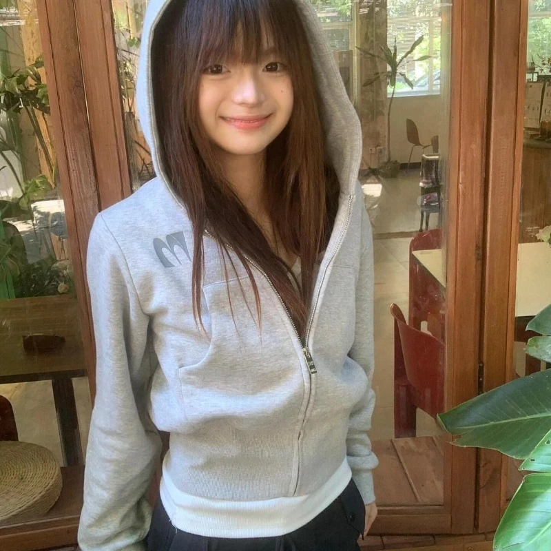 

Deeptown Vintage Grey Zipper Hoodies Women Korean Style Casual Short Hooded Sweatshirts Harajuku Retro Classic Hoodies Street