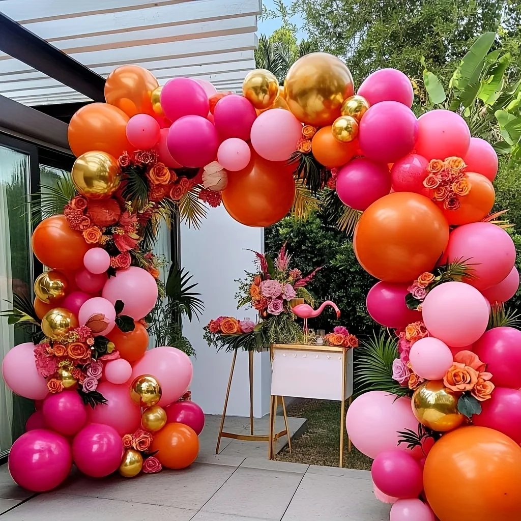 126pcs Hot Pink Orange Balloon Garland, Dark Pink Orange Golden Balloons Arch Kit For Shower Birthday Fiesta Tropical Luau Summer Party Decorations