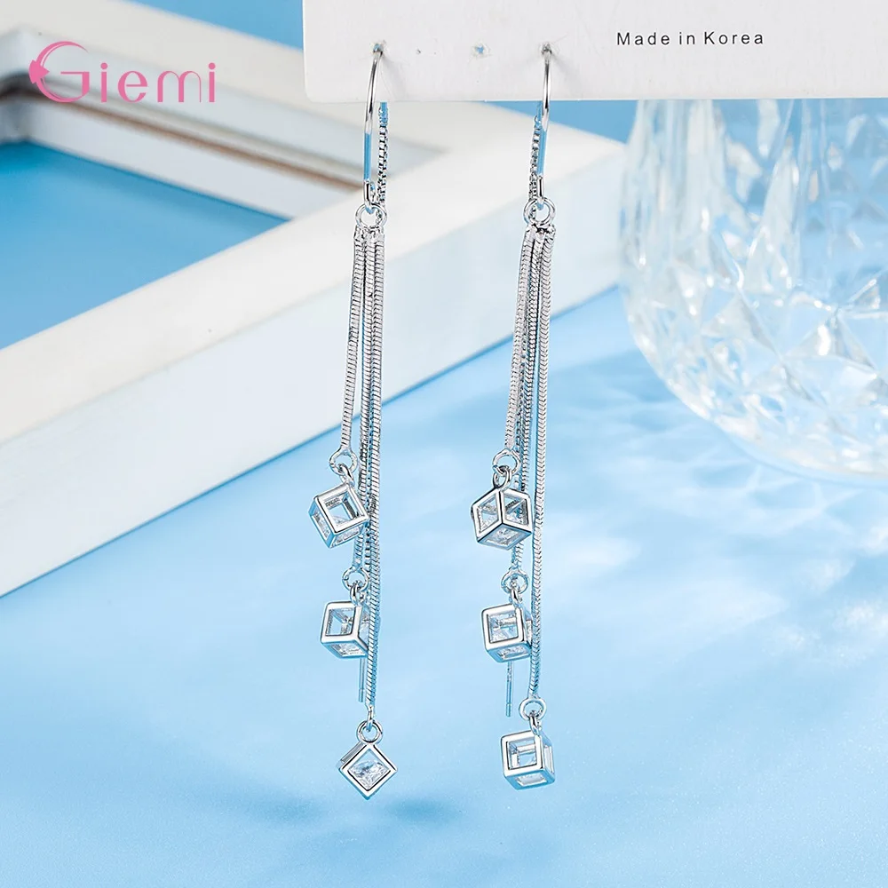 925 Sterling Silver Jewelry New Fashion Hot Sale Square Cube Cubic Zircon Stone Tassel Pendientes Earrings for Women Girls