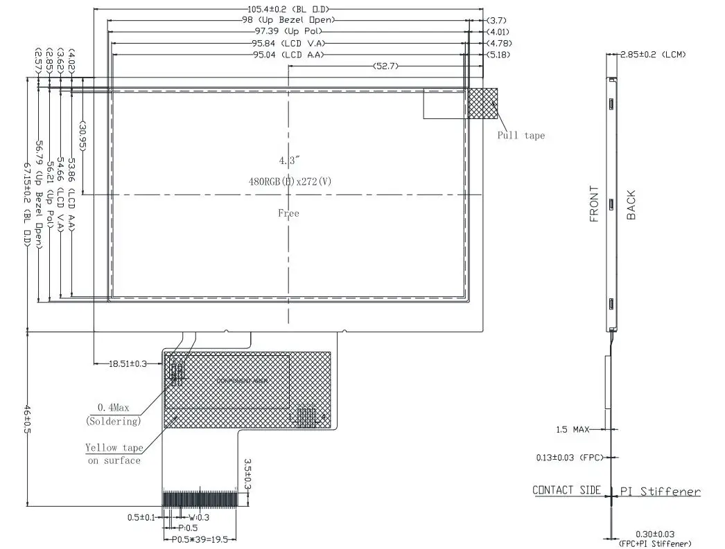 4,3 polegadas 480x272 ST7283 RGB interface IPS TFT LCD de temperatura ampla