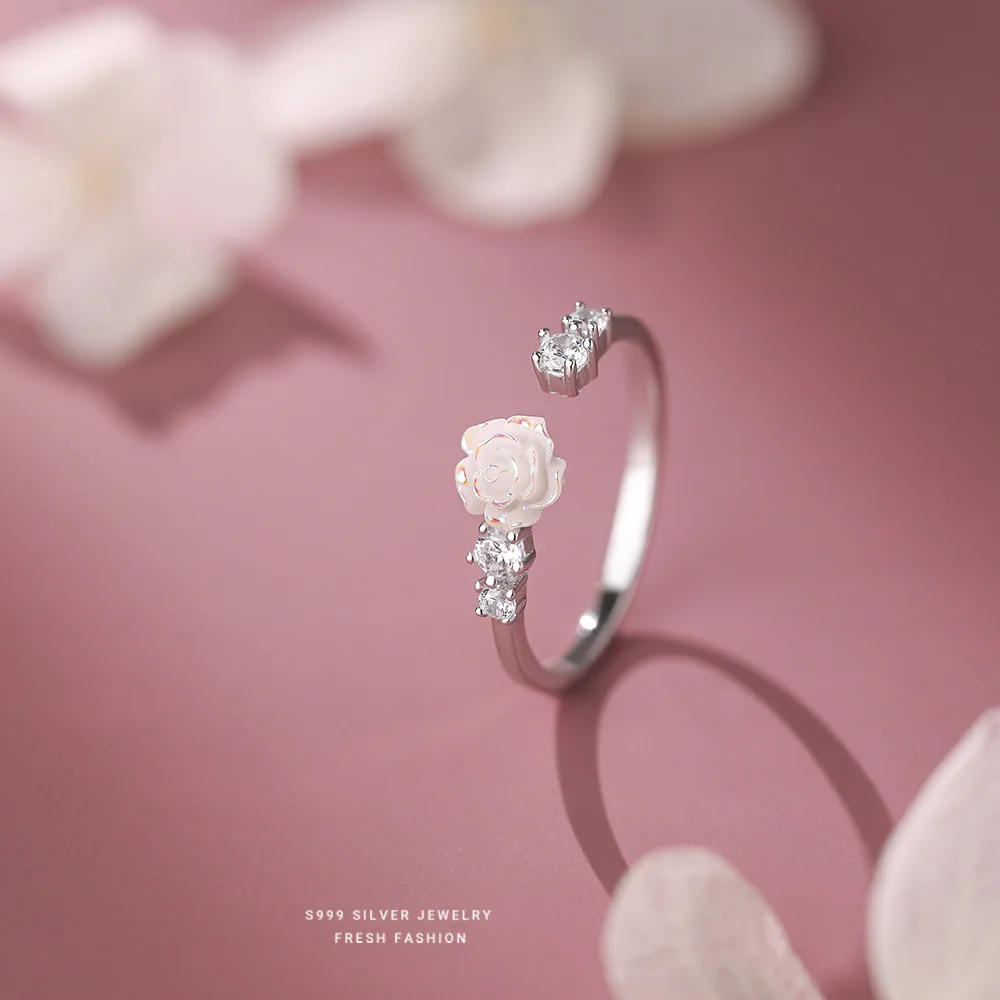 Öffnungsring aus 999er-Sterlingsilber mit eingelegtem Zirkon, exquisiter weißer Blumen-Öffnungsring für Frauen, französisches Temperament, Party-Schmuckzubehör