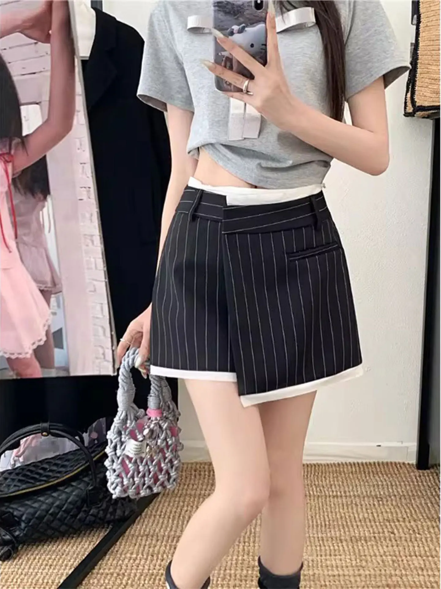 

Корейская летняя женская юбка в полоску больших размеров, А-силуэт, повседневная, антистатическая, асимметричная