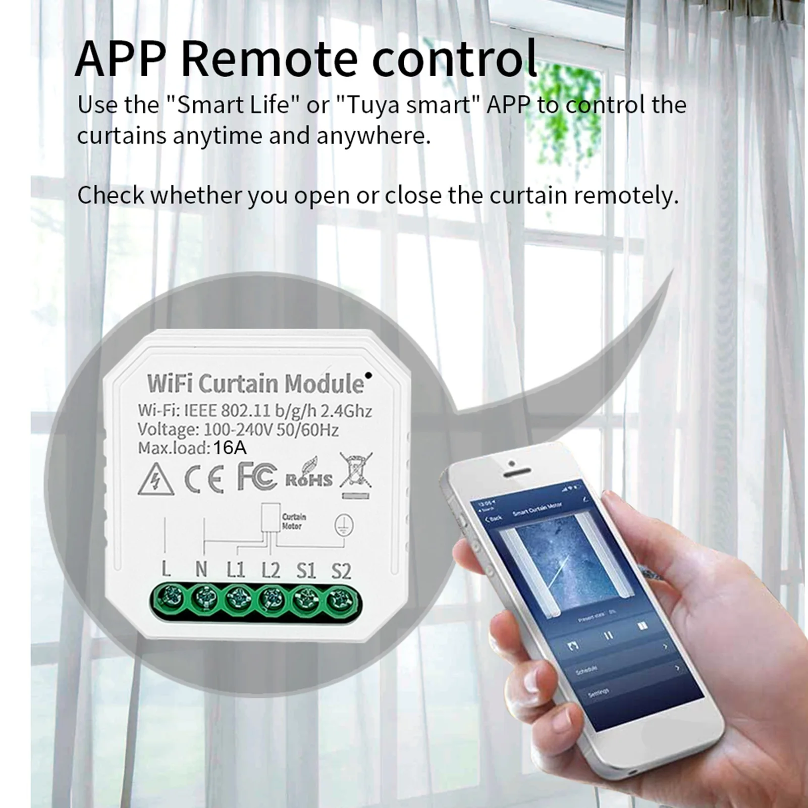 

Intelligent Curtain Controller Module 10A Voice Control WiFi 2 Way Curtain Blinds Switch Module for Tuya Smart White