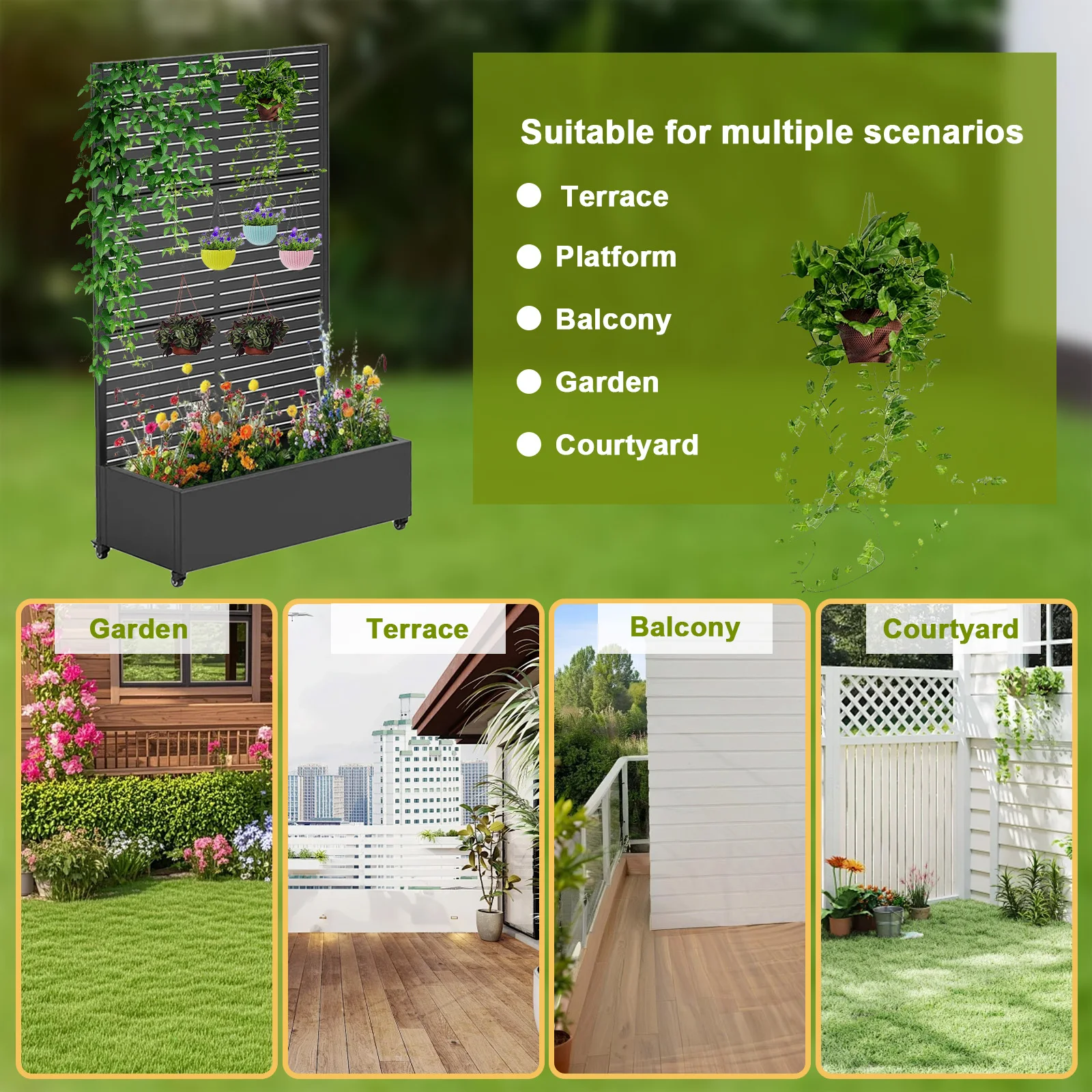 صندوق زراعة شاشة الخصوصية مع تعريشة وعجلات شبكة معدنية صندوق زراعة مرتفع مستطيل زارع صندوق مرتفع لتسلق الكروم
