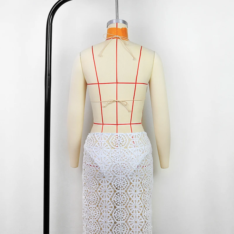 Sexy White Lace 3 Pieces Bikinis 2025 Women Swimsuit Swimwear Long Sarong Cover Up Bikini Set Beachwear Bathing Suit Swimming