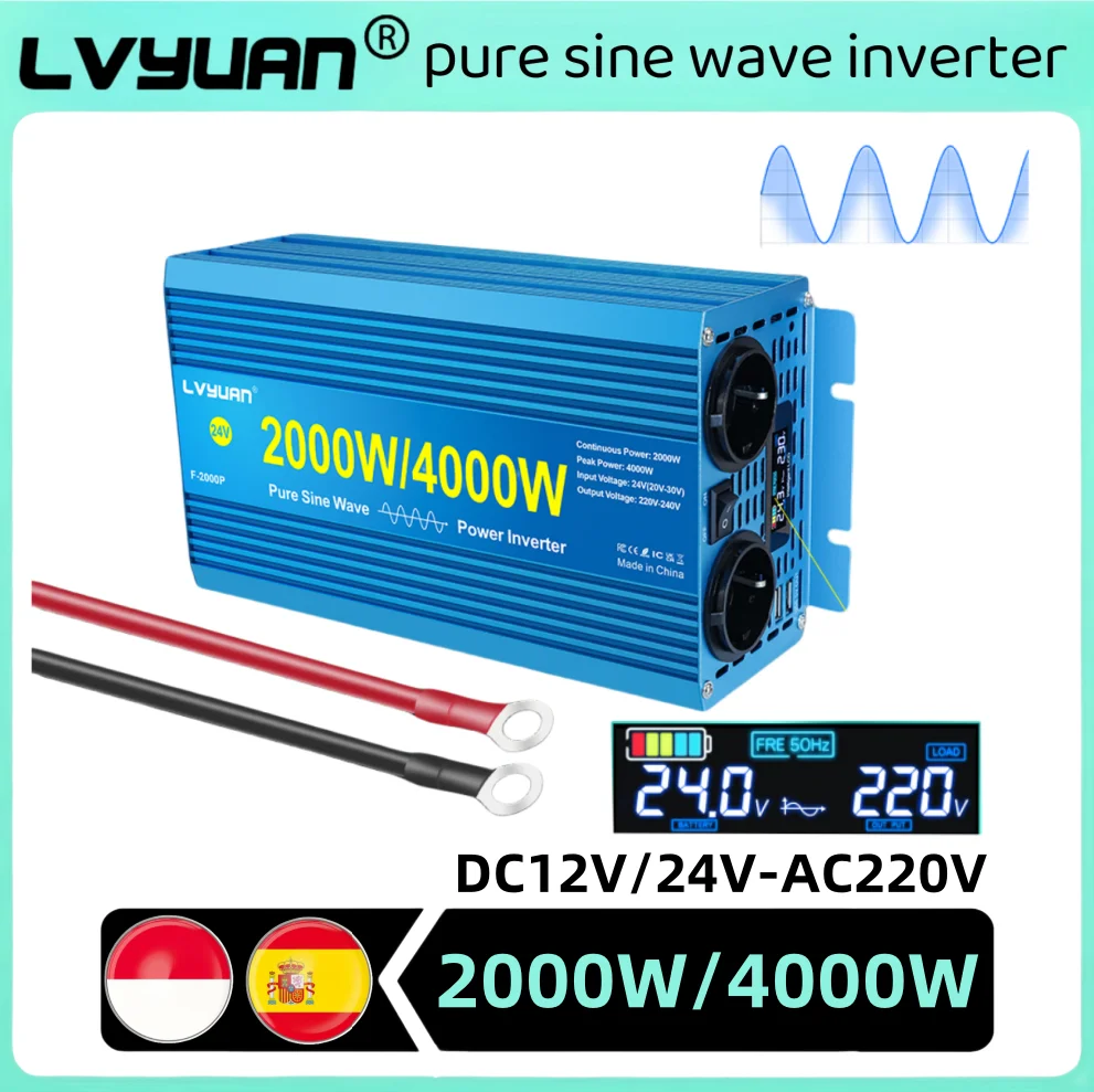 LVYUAN 4000W/5000W Pure Sine Wave Inverter Voltage Inversor DC12V 24V to AC220V 50Hz EU Outlet  Brand New Power Inversor