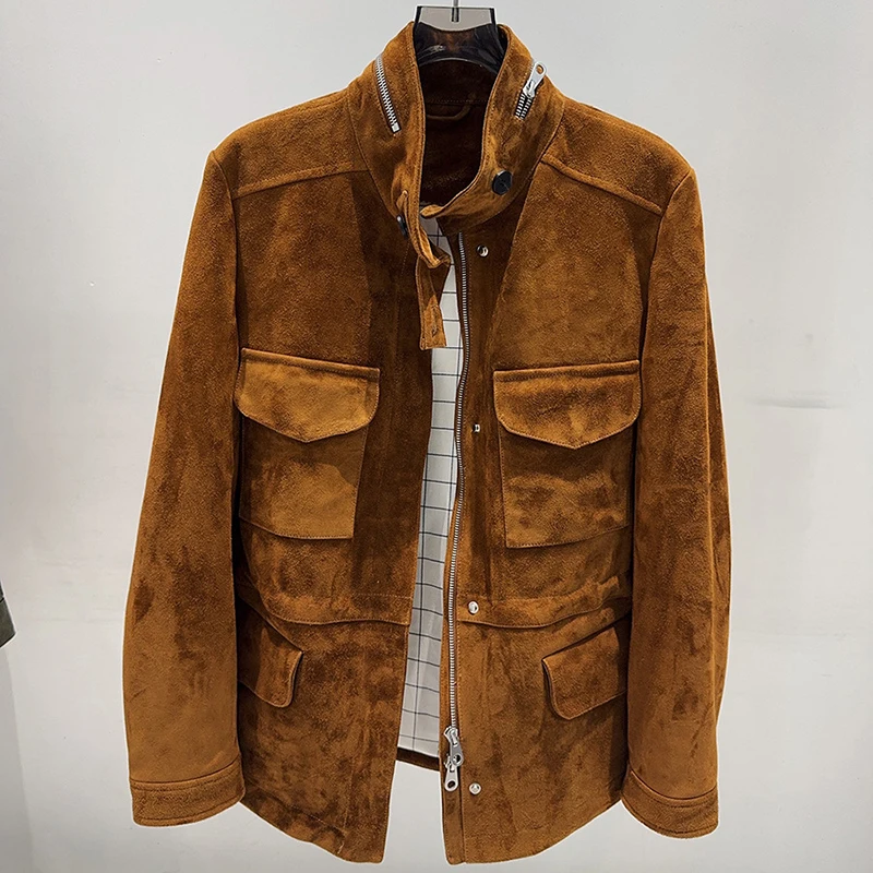 เสื้อแจ็คเก็ตสปริงสำหรับผู้หญิง คุณภาพสูง หนังกลับเด็ก สีคาราเมล/กาแฟ สไตล์วินเทจ คอตั้ง มีกระเป๋า ซิป หนังแกะ Casaco Feminino