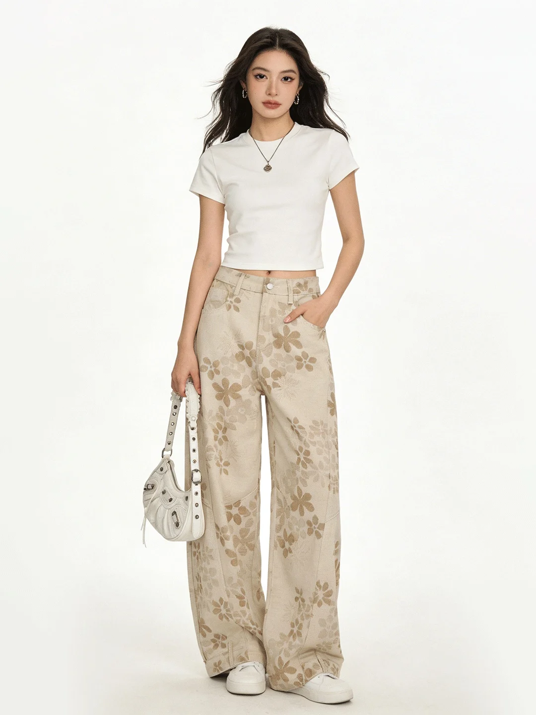 

Floral Print Wide Leg Knife Pants Soft Denim Floor Length Commute Versatile Korean Style Slimming Loose Fit Ladies Jeans