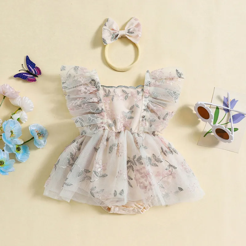 

Baby Girls Summer Casual Bodysuit Dress Flying Sleeve Floral Embroidery Jumpsuit with Headband